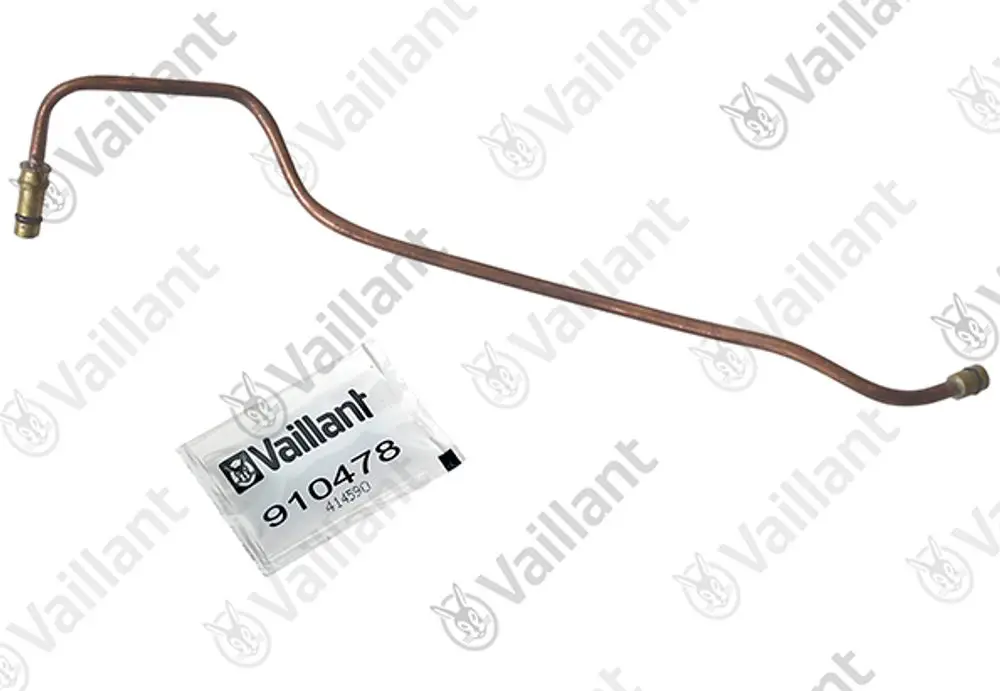 Kupferrohr von Vaillant, gebogen, mit zwei Anschlussstellen an den Enden, abgelegt neben einem transparenten Beutel mit Artikelnummer.